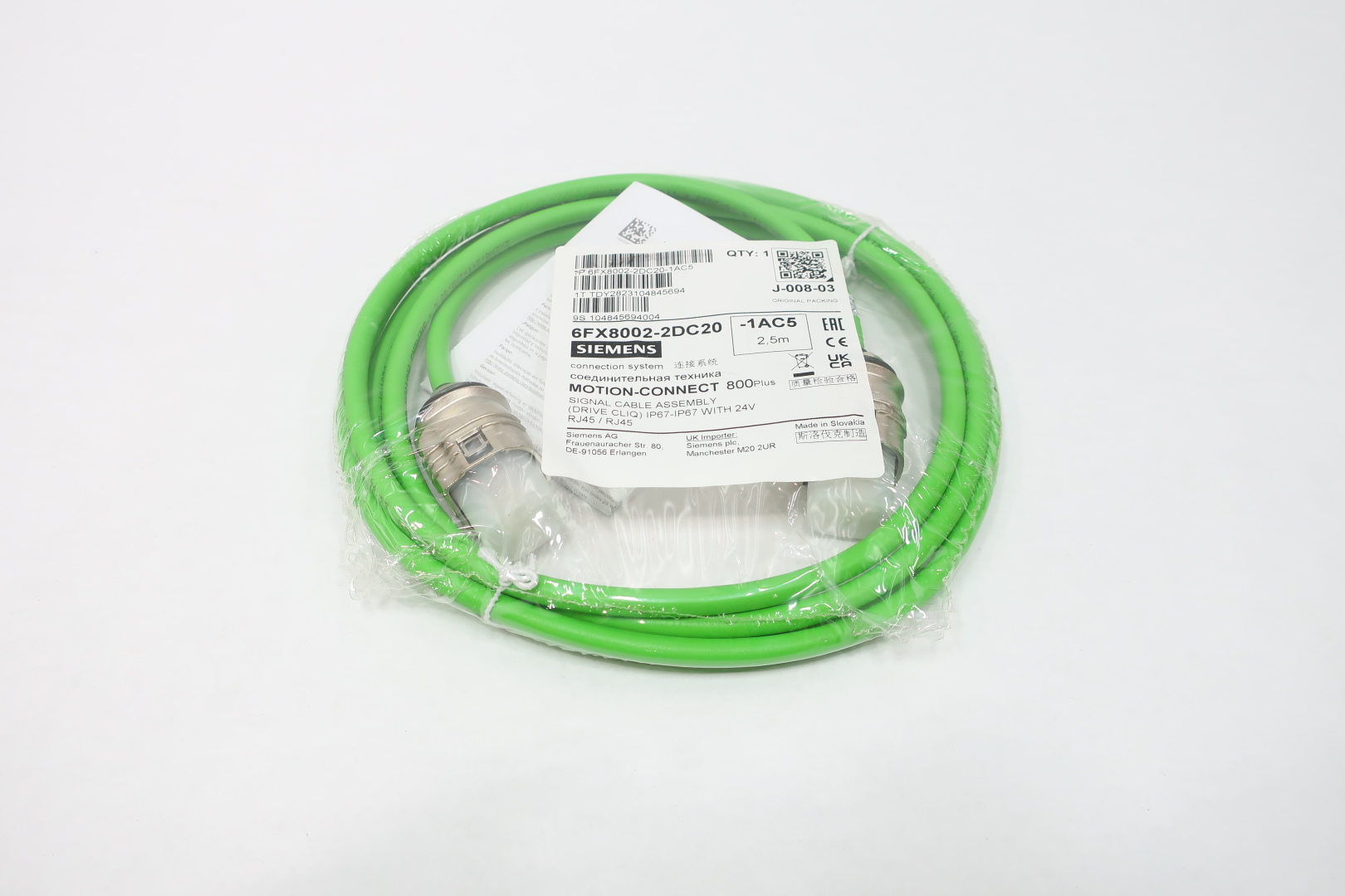 Siemens 6FX8002-2DC20-1AC5 D-CLIQ Signal Cable, Preassembled, IP67/IP67, MC800, 2.5M — Industrial Cables & Wires