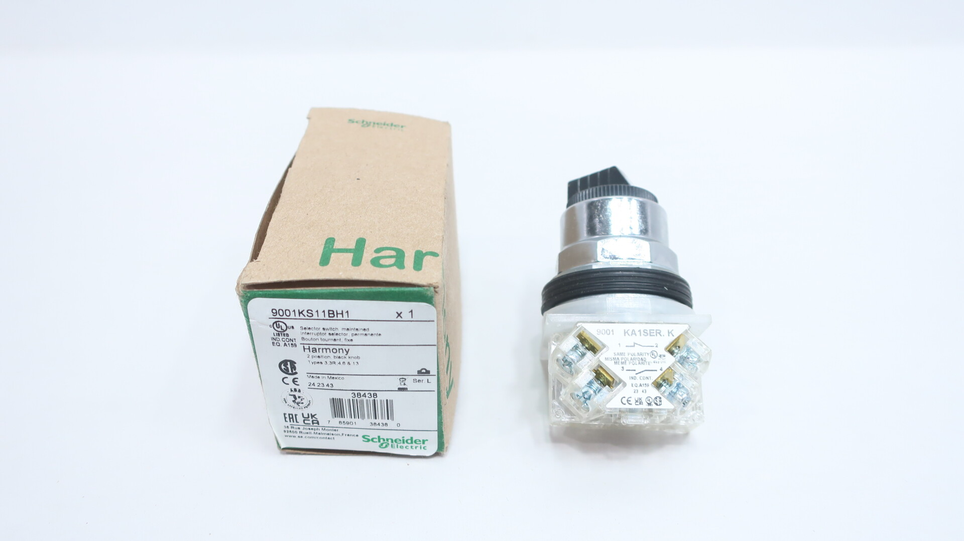 Schneider Electric 9001KS11BH1 Selector switch, Harmony 9001K, metal, standard handle, black, 30mm, 2 positions, Cam E, stay put, 1 CO — Interruttori e apparecchiature modulari