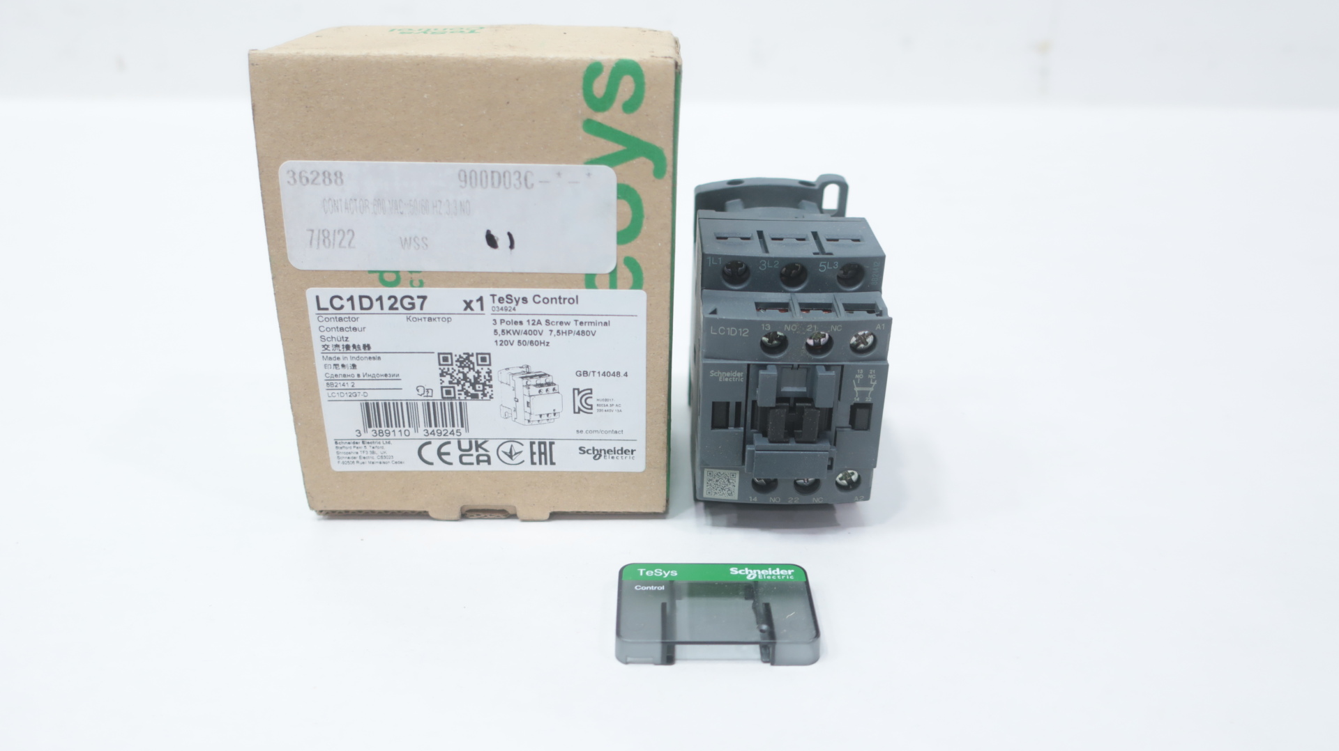 Schneider Electric LC1D12G7 IEC contactor, TeSys Deca, nonreversing, 12A, 7.5HP at 480VAC, up to 100kA SCCR, 3 phase, 3 NO, 120VAC 50/60Hz coil, open — Contactores y relés