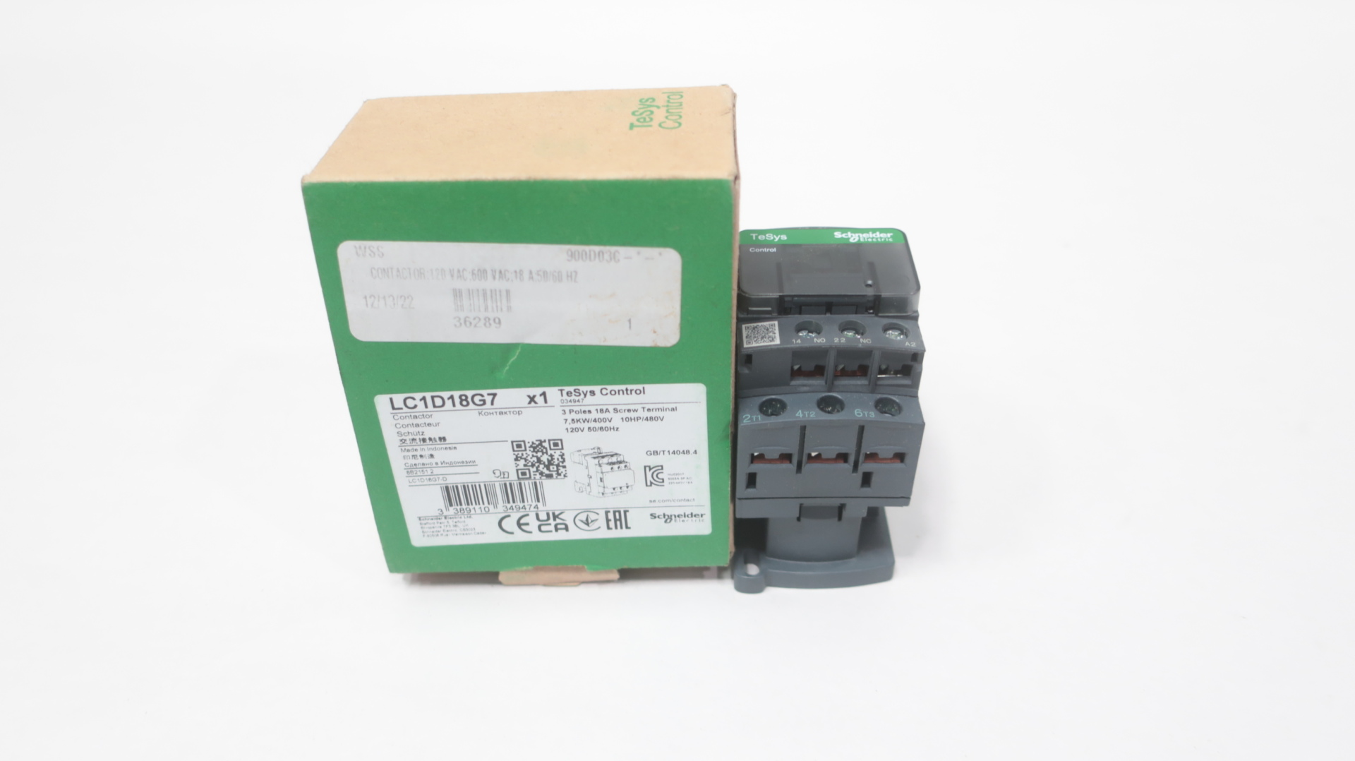 Schneider Electric LC1D18G7 IEC contactor, TeSys Deca, nonreversing, 18A, 10HP at 480VAC, up to 100kA SCCR, 3 phase, 3 NO, 120VAC 50/60Hz coil, open — Contactores y relés